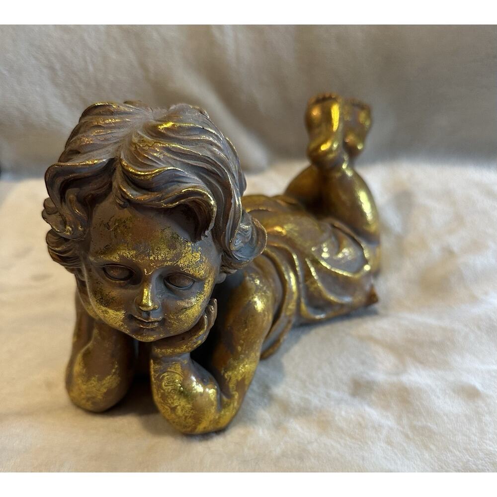 Vintage Studio Gold Cherub Angel Victorian Sculpture Figurine Laying On Belly